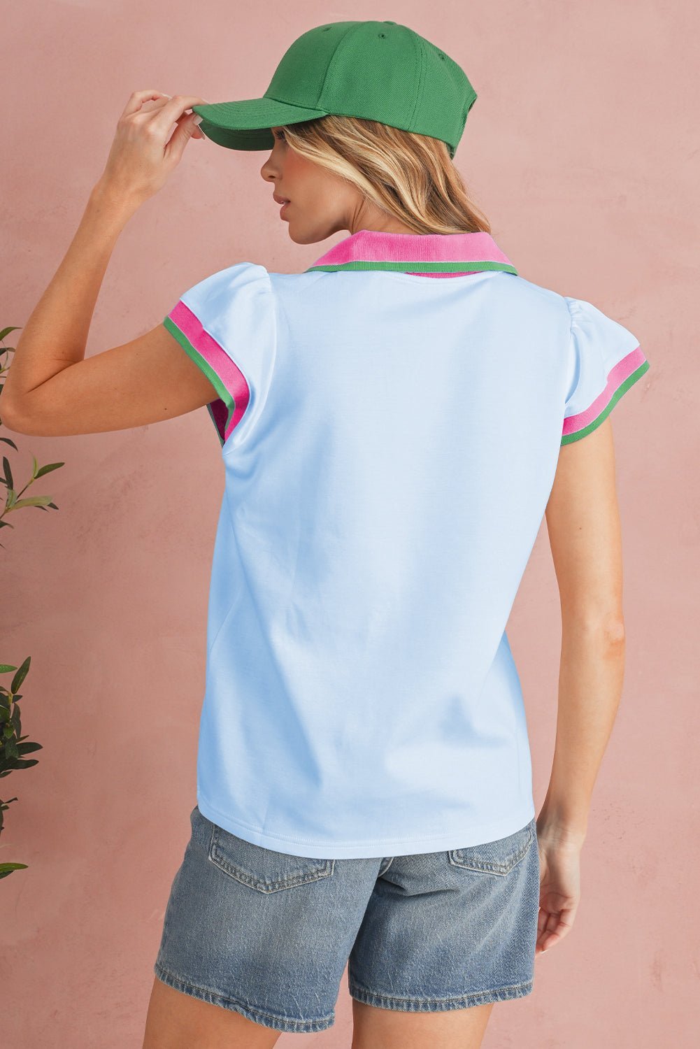 White Pop of Color Collared V Neck Ruffle Sleeve Blouse - MAD RUFFI