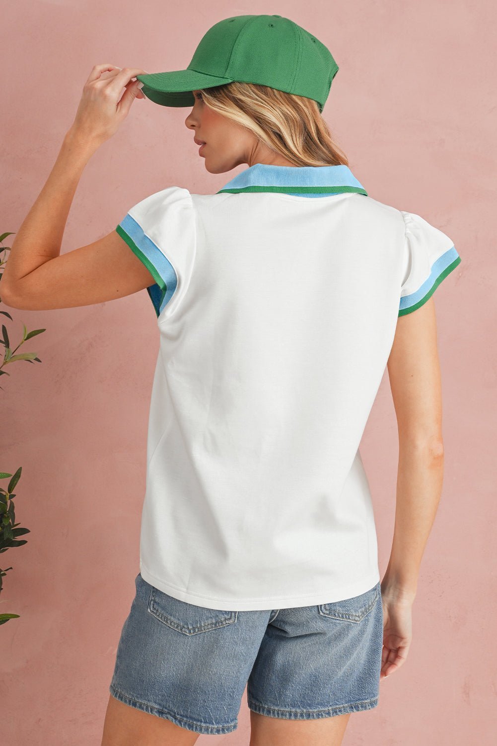 White Pop of Color Collared V Neck Ruffle Sleeve Blouse - MAD RUFFI