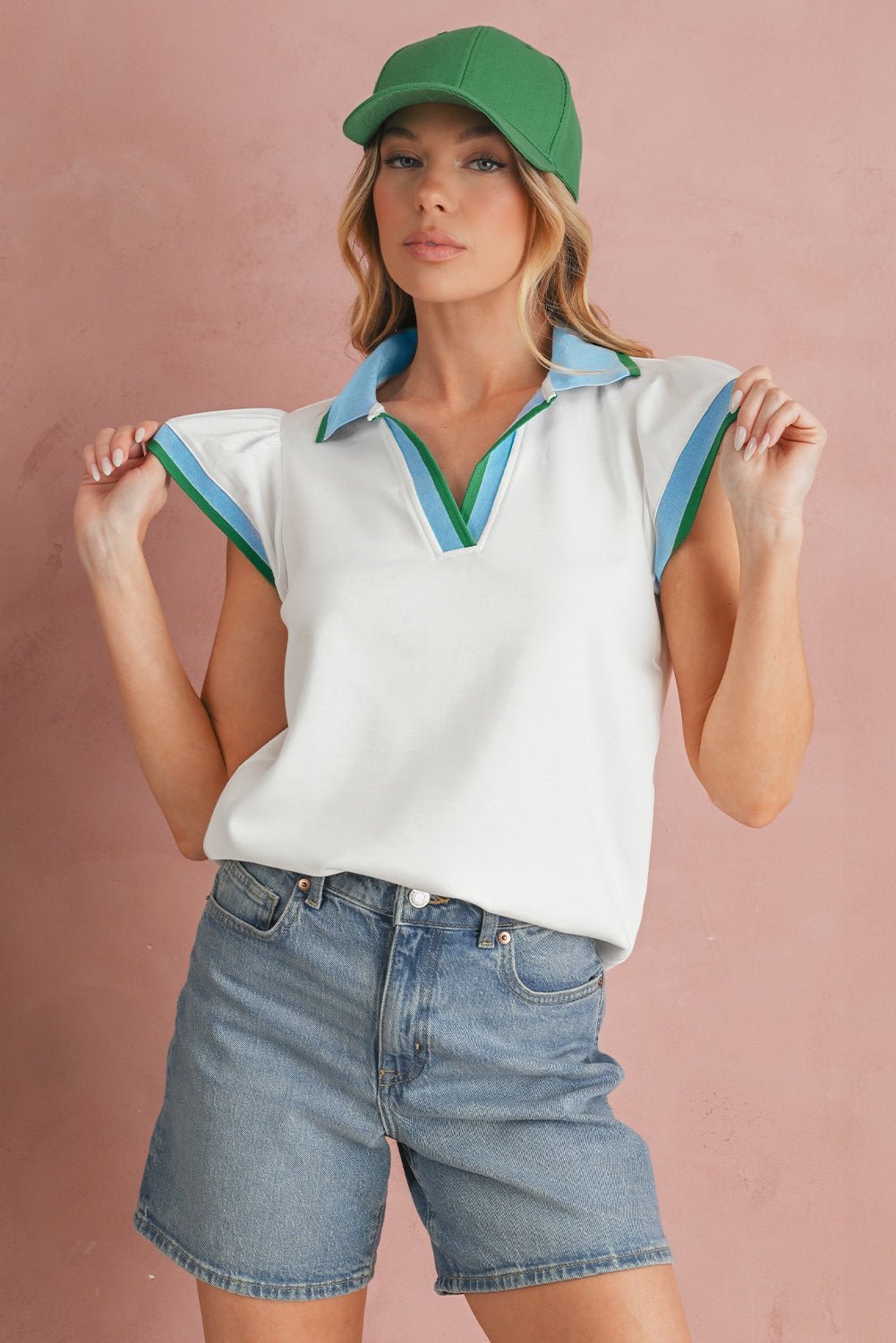 White Pop of Color Collared V Neck Ruffle Sleeve Blouse - MAD RUFFI