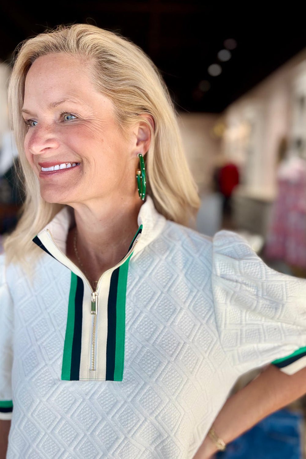 White Pop of Color Neckline Checkered Textured Puff Sleeve Mini Dress - MAD RUFFI