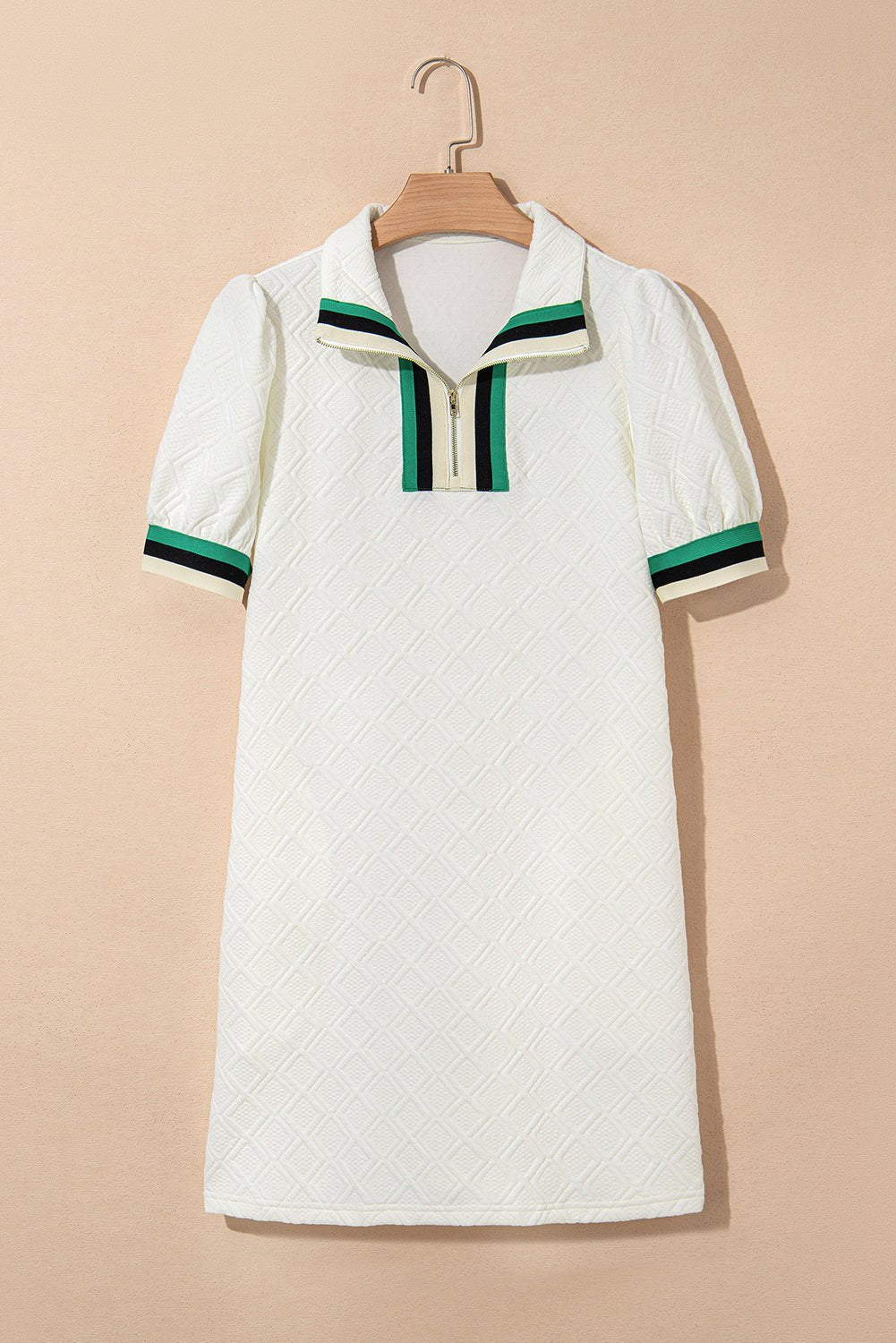 White Pop of Color Neckline Checkered Textured Puff Sleeve Mini Dress - MAD RUFFI