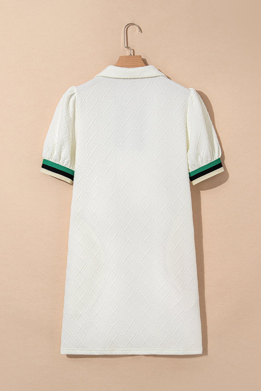 White Pop of Color Neckline Checkered Textured Puff Sleeve Mini Dress - MAD RUFFI