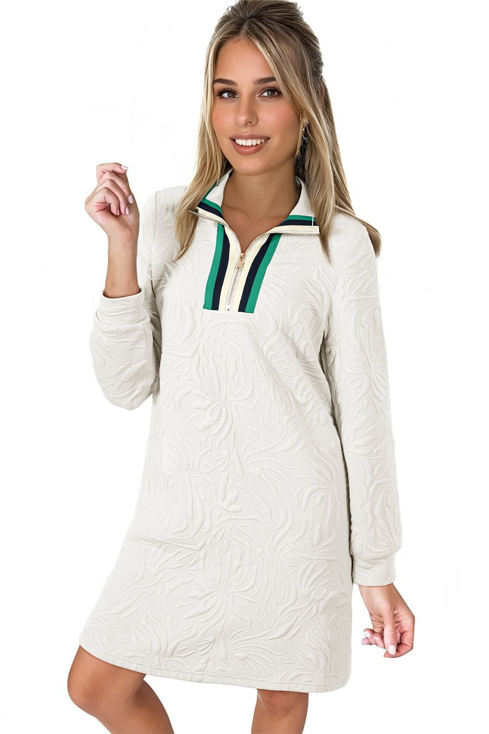 White Pop of Color Neckline Textured Mini Dress - MAD RUFFI