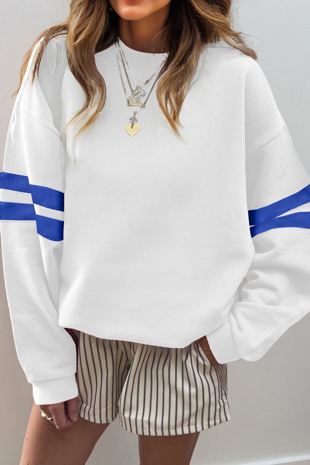 White Preppy Striped Sleeve Loose Sweatshirt - MAD RUFFI
