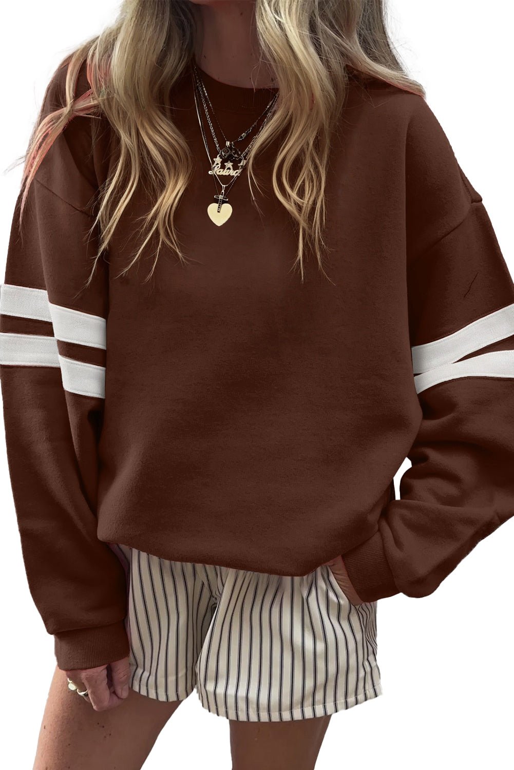 White Preppy Striped Sleeve Loose Sweatshirt - MAD RUFFI