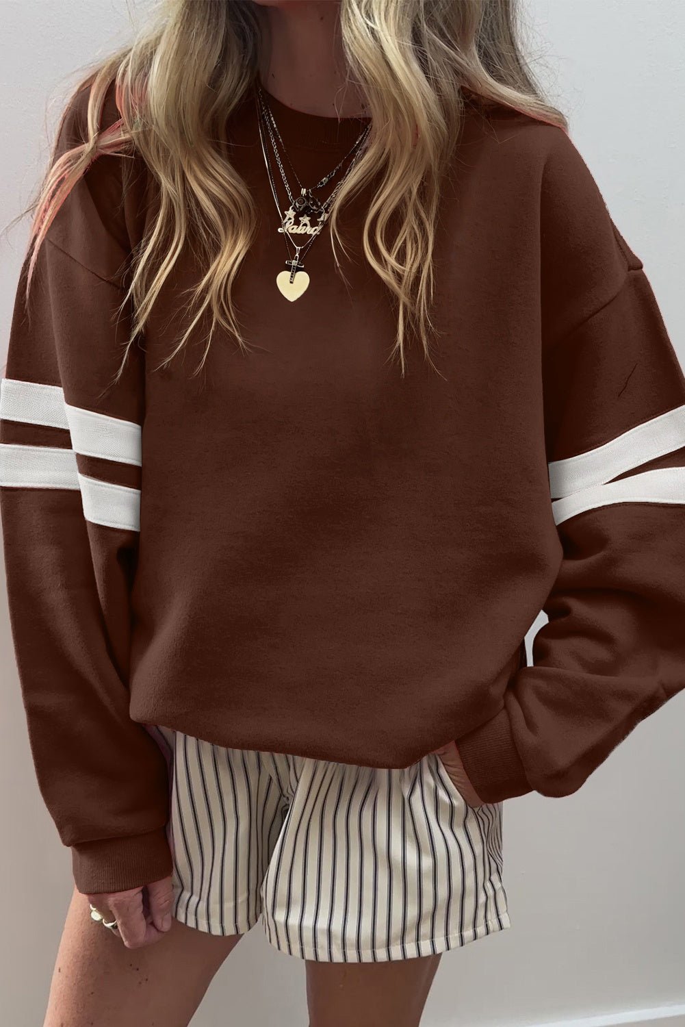 White Preppy Striped Sleeve Loose Sweatshirt - MAD RUFFI
