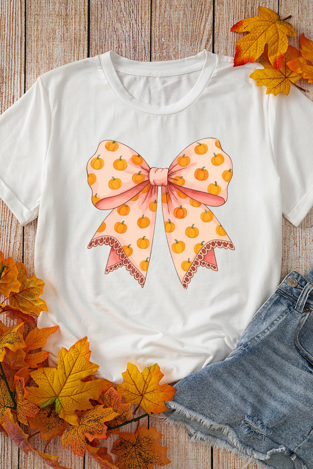 White Pumpkin Bow Print Thanksgiving T Shirt - MAD RUFFI
