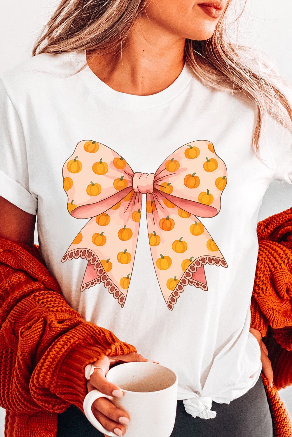 White Pumpkin Bow Print Thanksgiving T Shirt - MAD RUFFI