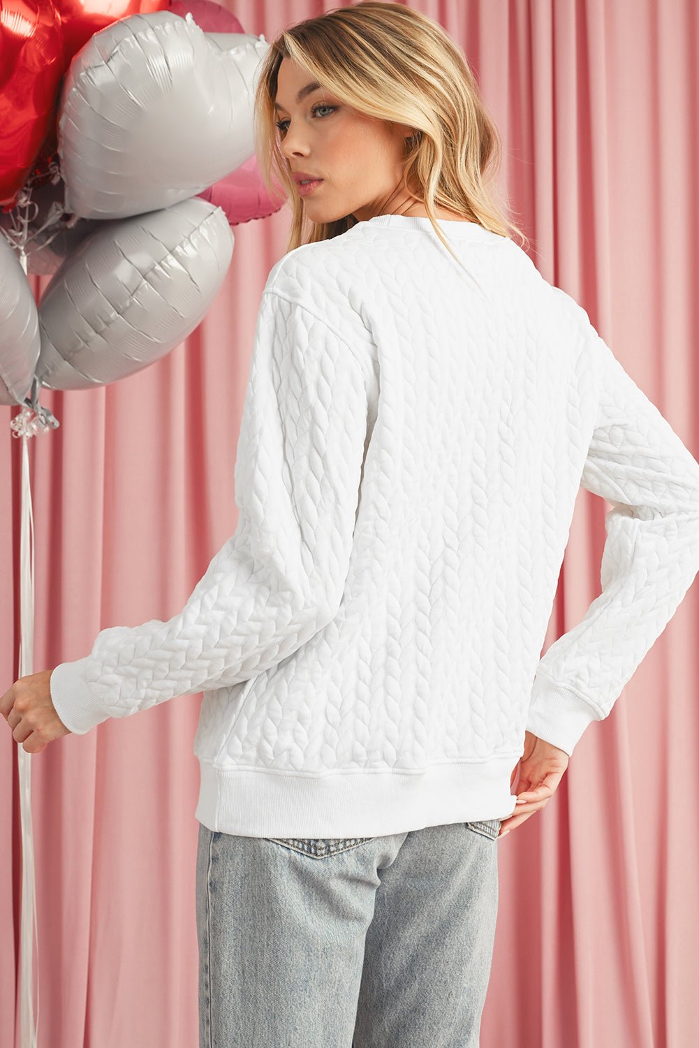 White Quilted Valentine Love Heart Shape Graphic Sweatshirt - MAD RUFFI