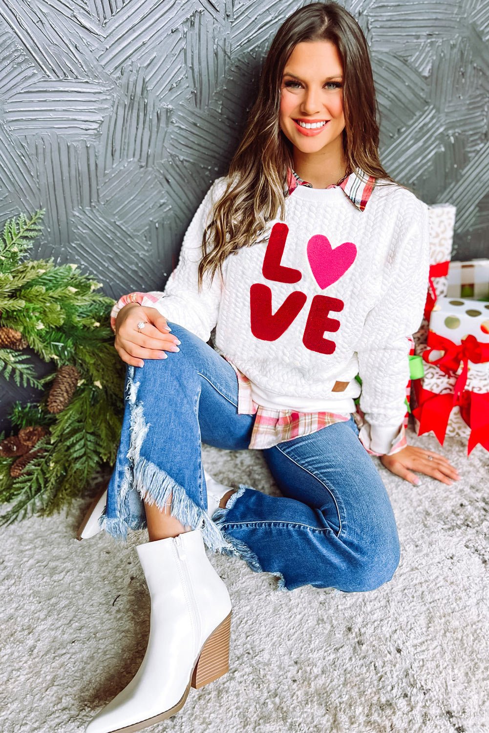 White Quilted Valentine Love Heart Shape Graphic Sweatshirt - MAD RUFFI