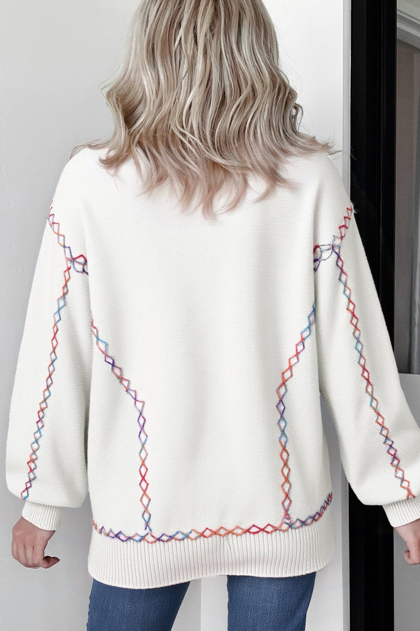 White Rainbow Stitching Balloon Sleeve Relaxed Sweater - MAD RUFFI