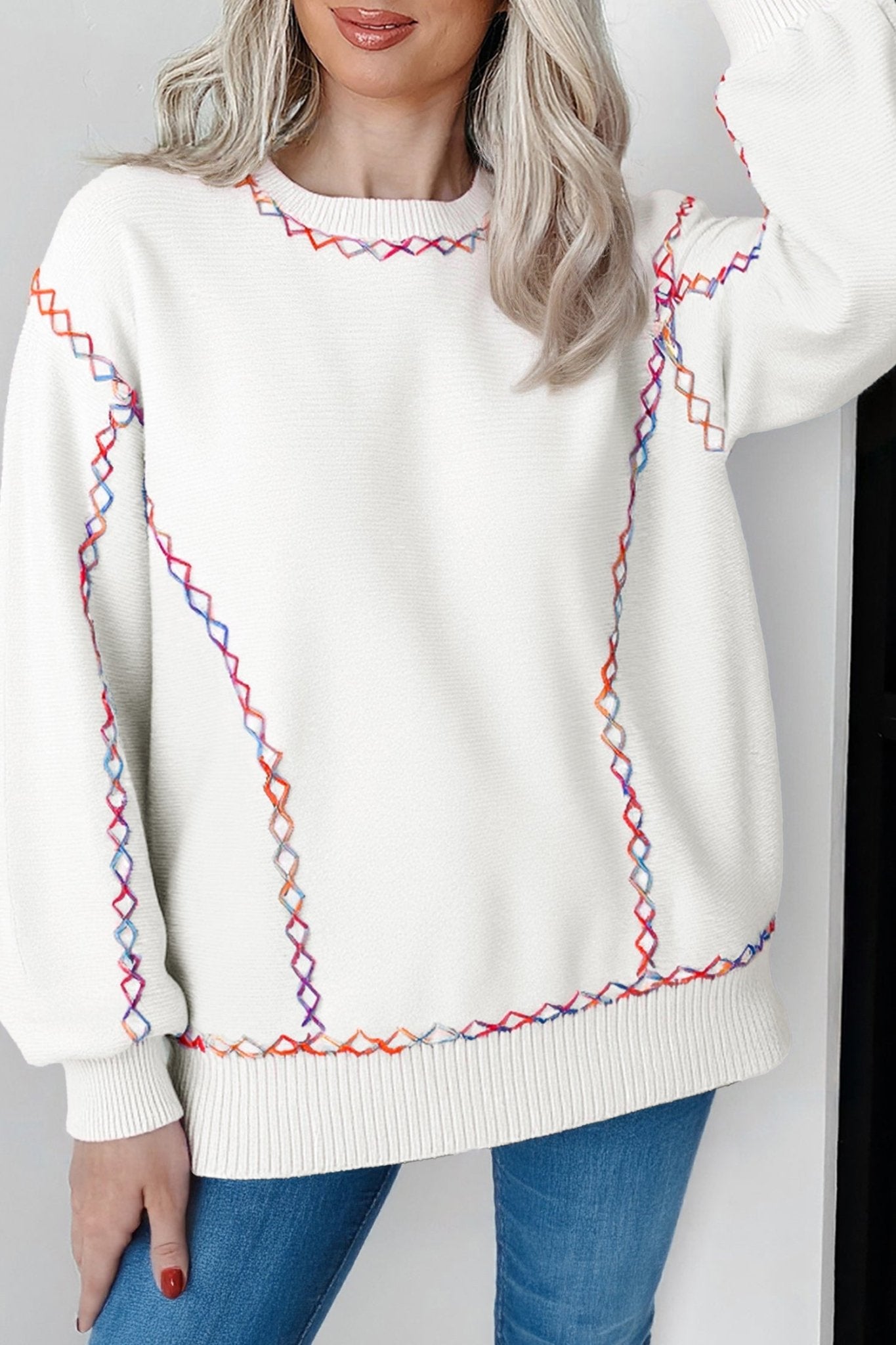 White Rainbow Stitching Balloon Sleeve Relaxed Sweater - MAD RUFFI