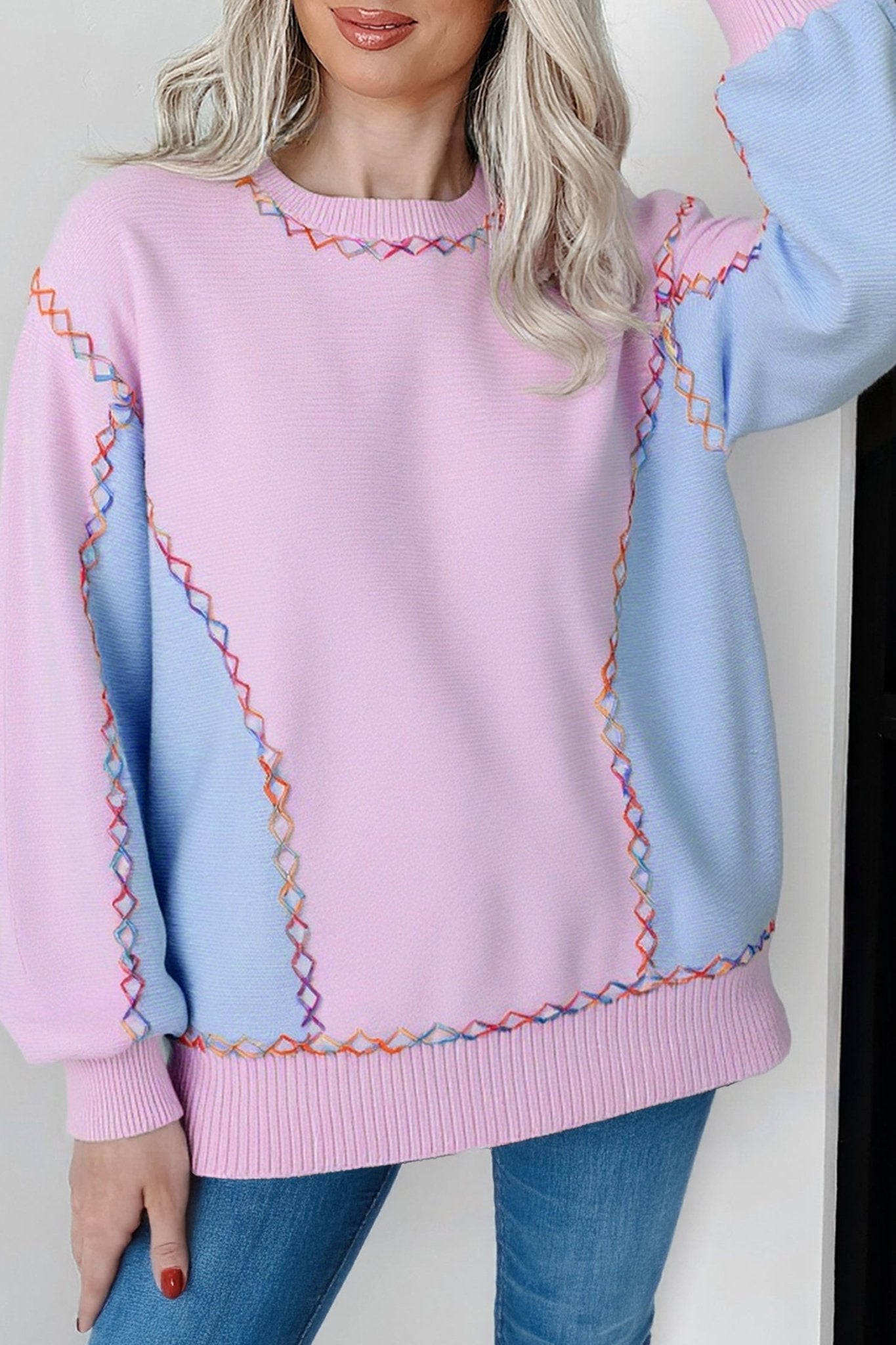 White Rainbow Stitching Balloon Sleeve Relaxed Sweater - MAD RUFFI