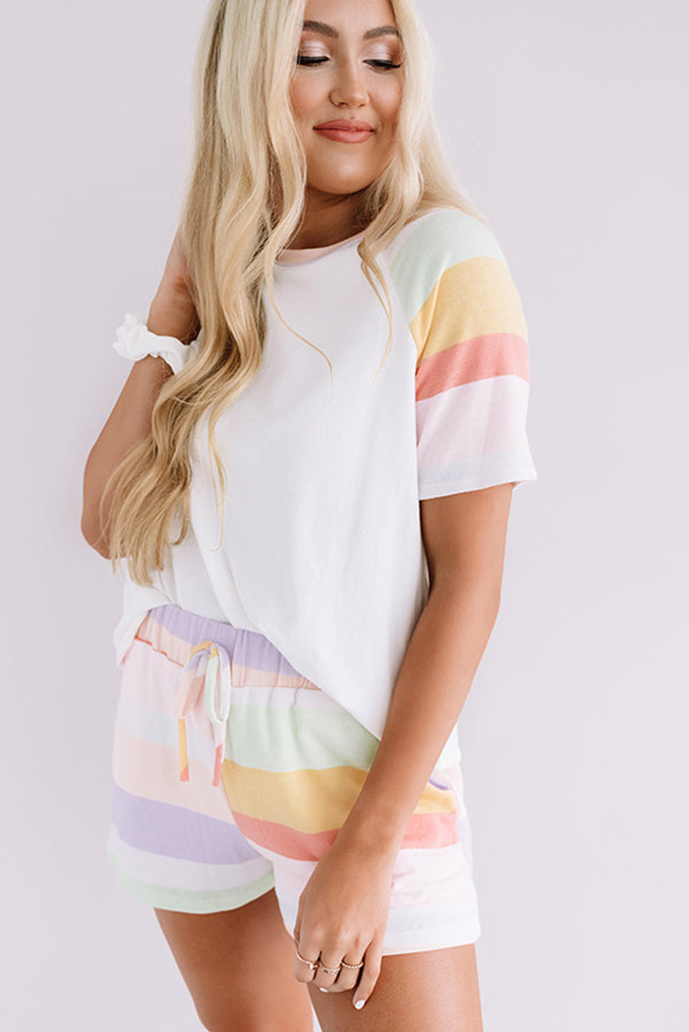 White Rainbow Striped T Shirt and Shorts Set - Loungewear Set