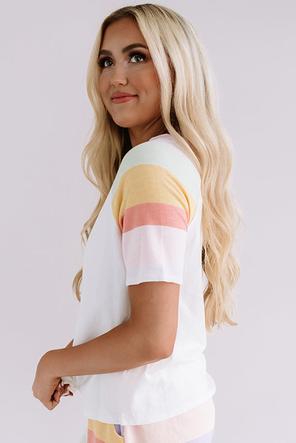 White Rainbow Striped T Shirt and Shorts Set - Loungewear Set