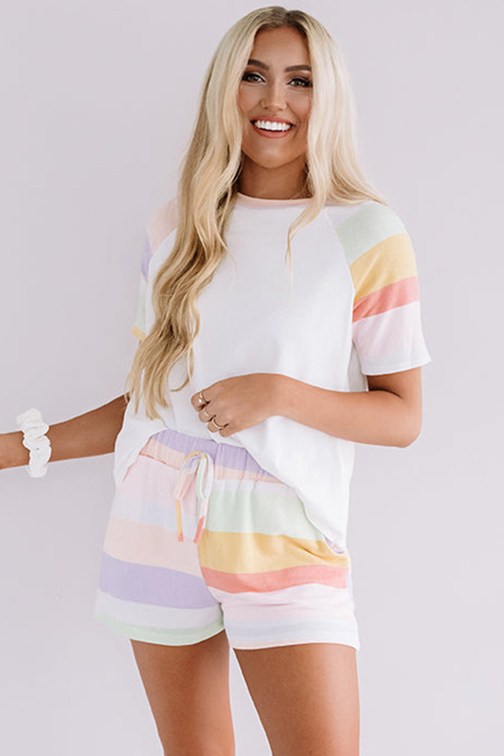 White Rainbow Striped T Shirt and Shorts Set - Loungewear Set