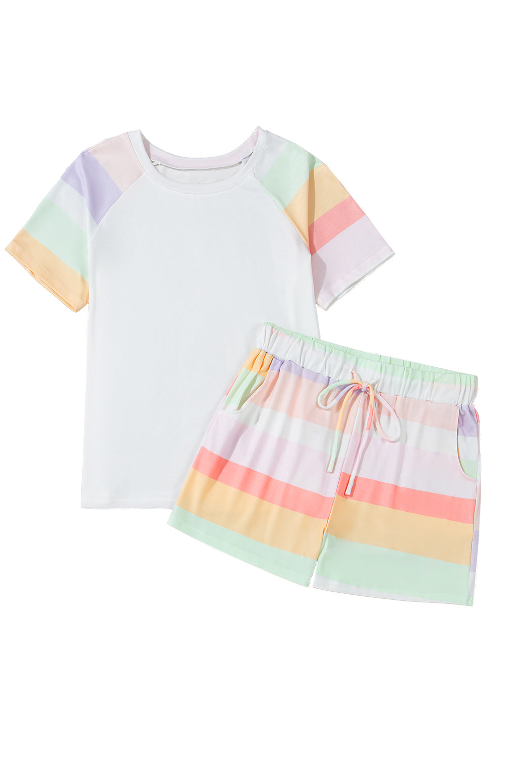 White Rainbow Striped T Shirt and Shorts Set - Loungewear Set