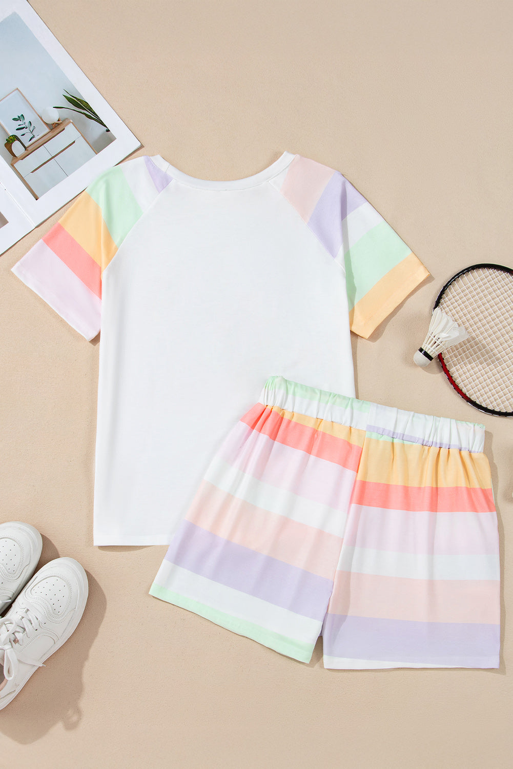 White Rainbow Striped T Shirt and Shorts Set - Loungewear Set