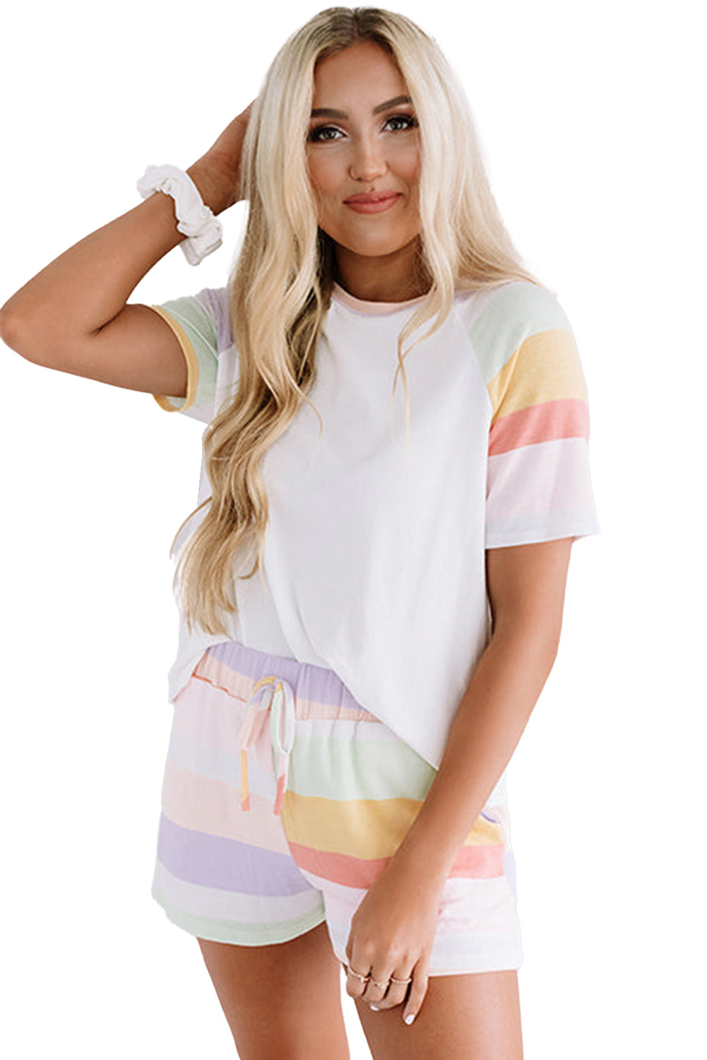 White Rainbow Striped T Shirt and Shorts Set - Loungewear Set