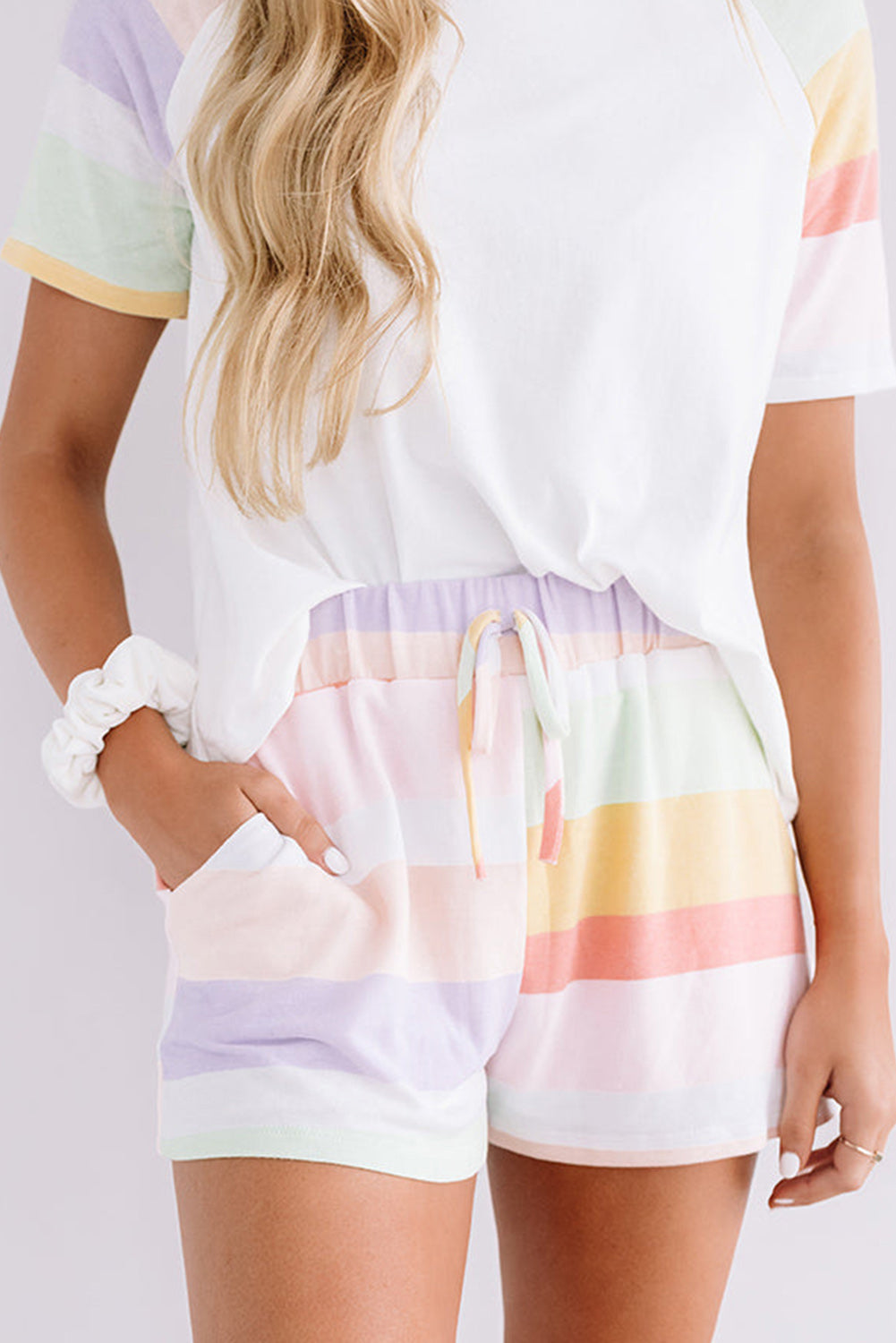 White Rainbow Striped T Shirt and Shorts Set - Loungewear Set