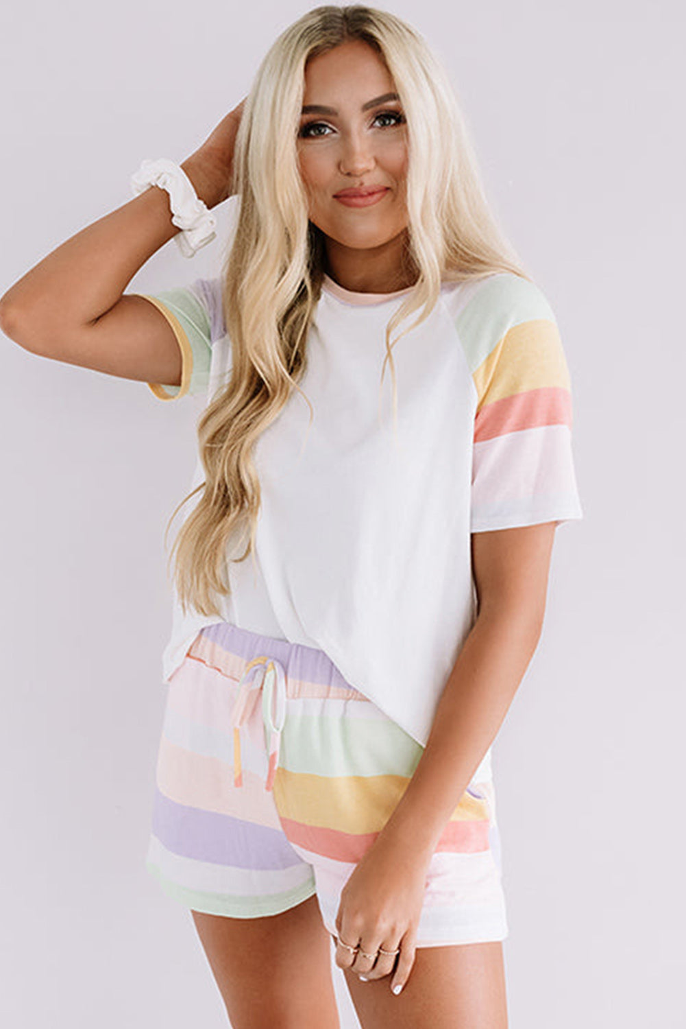 White Rainbow Striped T Shirt and Shorts Set - Loungewear Set