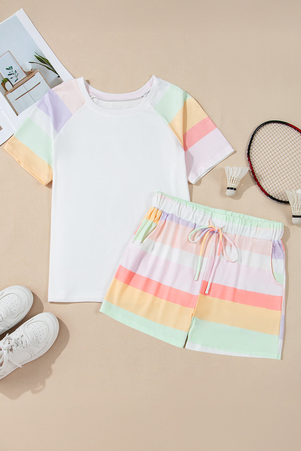 White Rainbow Striped T Shirt and Shorts Set - Loungewear Set