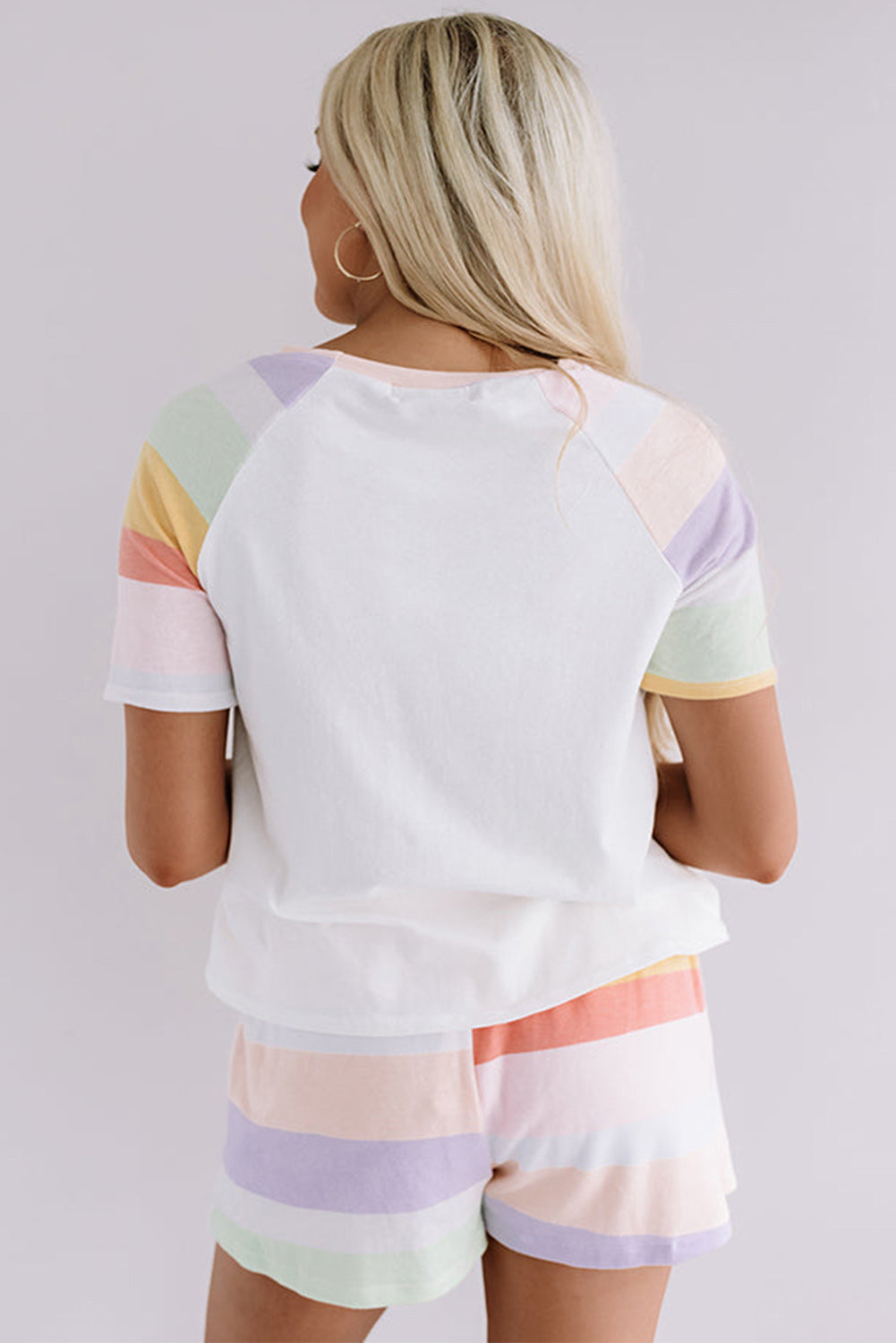 White Rainbow Striped T Shirt and Shorts Set - Loungewear Set