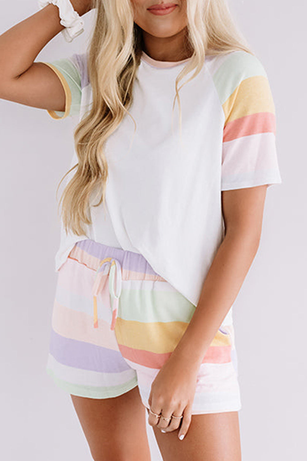 White Rainbow Striped T Shirt and Shorts Set - White / S - Loungewear Set