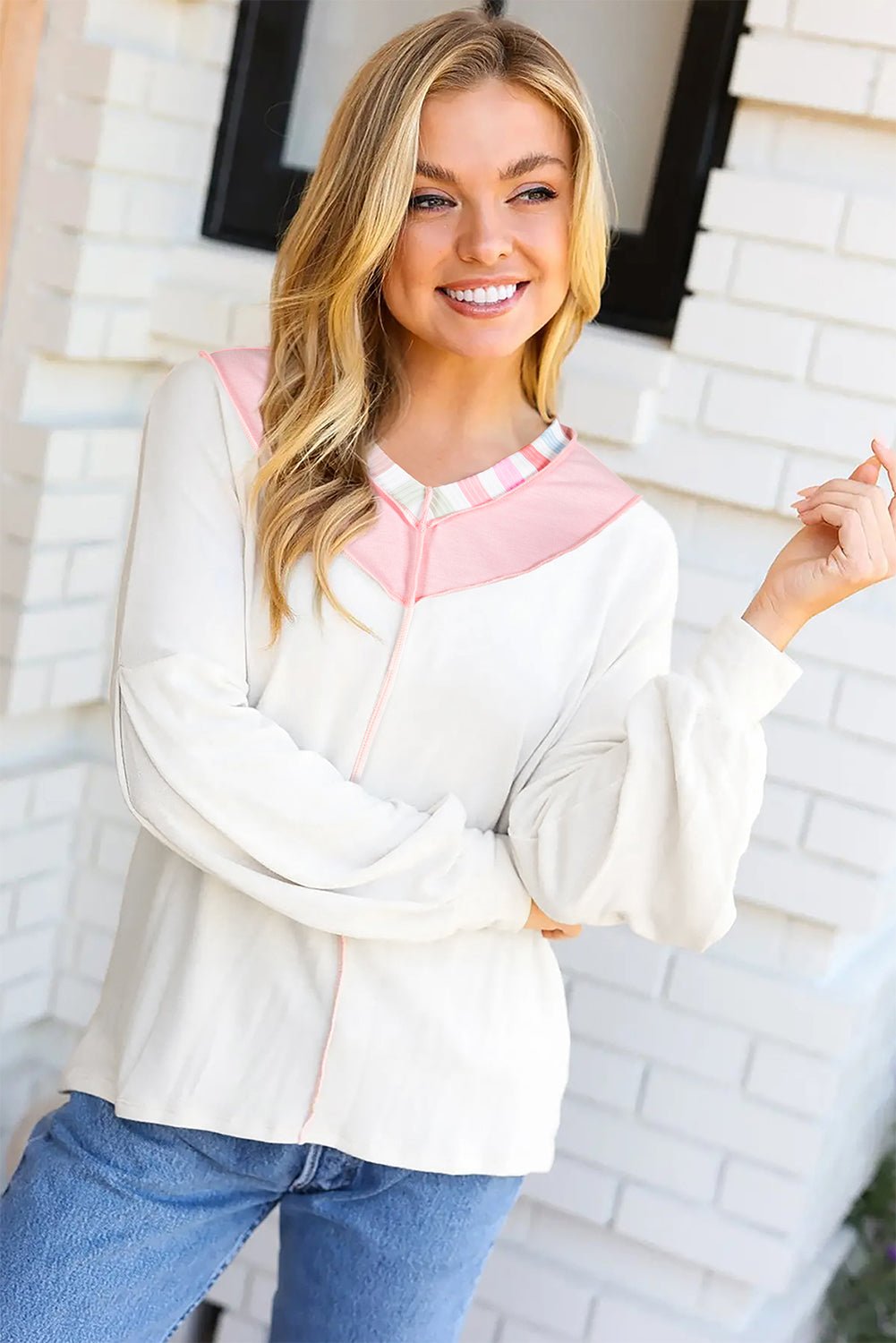 White Rainbow Striped V Neck Colorblock French Terry Top - MAD RUFFI