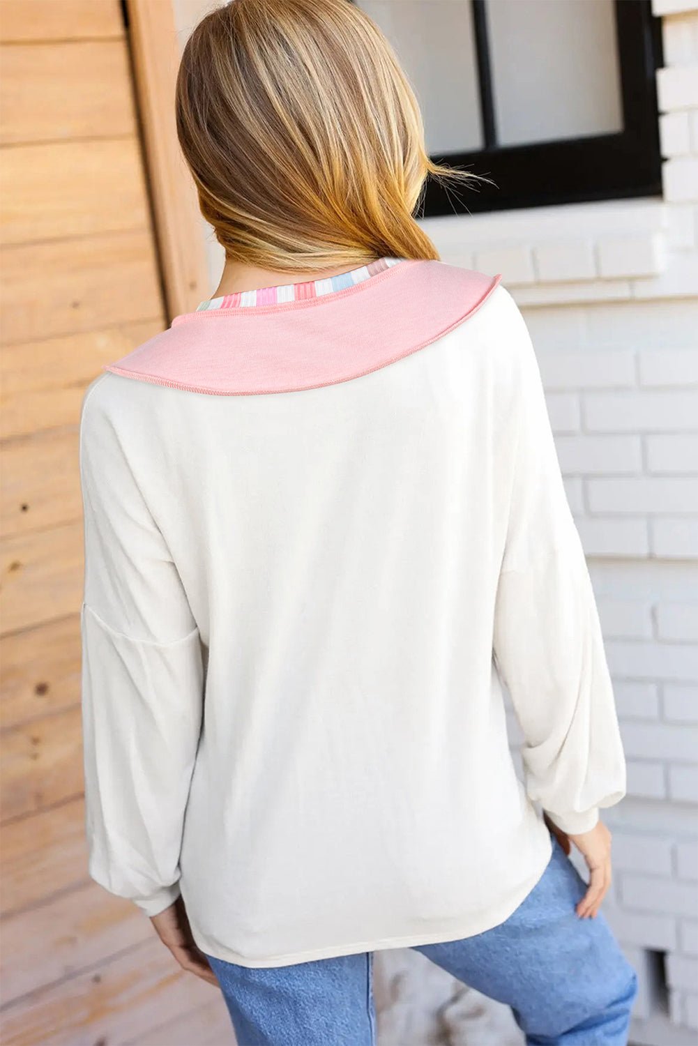 White Rainbow Striped V Neck Colorblock French Terry Top - MAD RUFFI