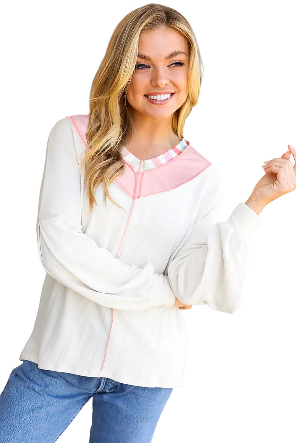 White Rainbow Striped V Neck Colorblock French Terry Top - MAD RUFFI