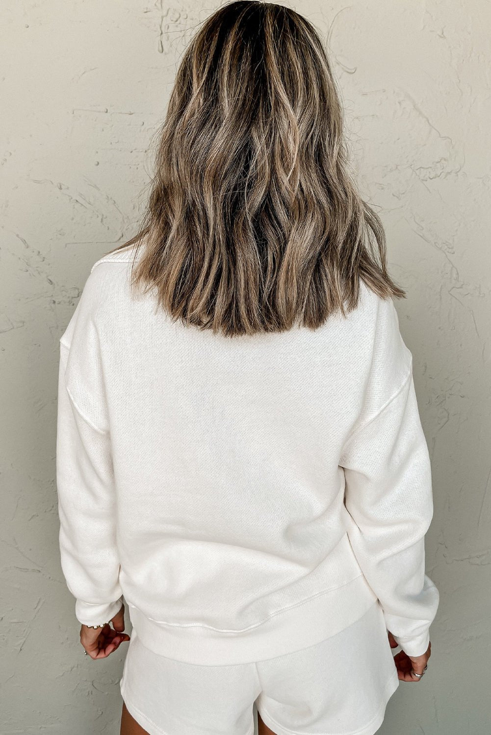 White Ribbed Collar Drop Shoulder Sweatshirt and Shorts Set - MAD RUFFI