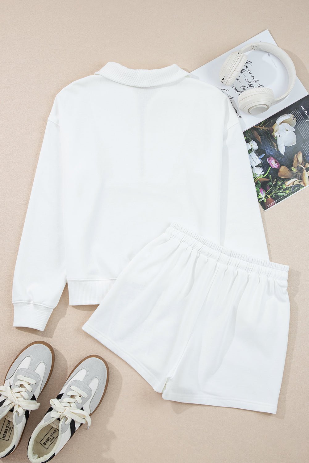 White Ribbed Collar Drop Shoulder Sweatshirt and Shorts Set - MAD RUFFI