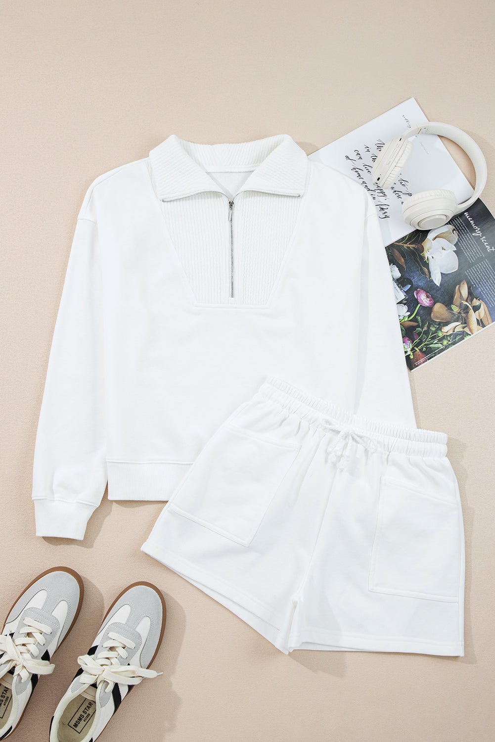 White Ribbed Collar Drop Shoulder Sweatshirt and Shorts Set - MAD RUFFI