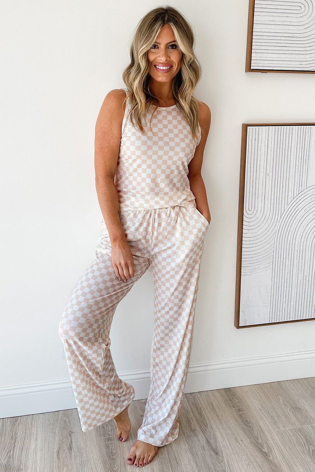 White Ribbed Texture Checkered Tank and Pants Set - MAD RUFFI