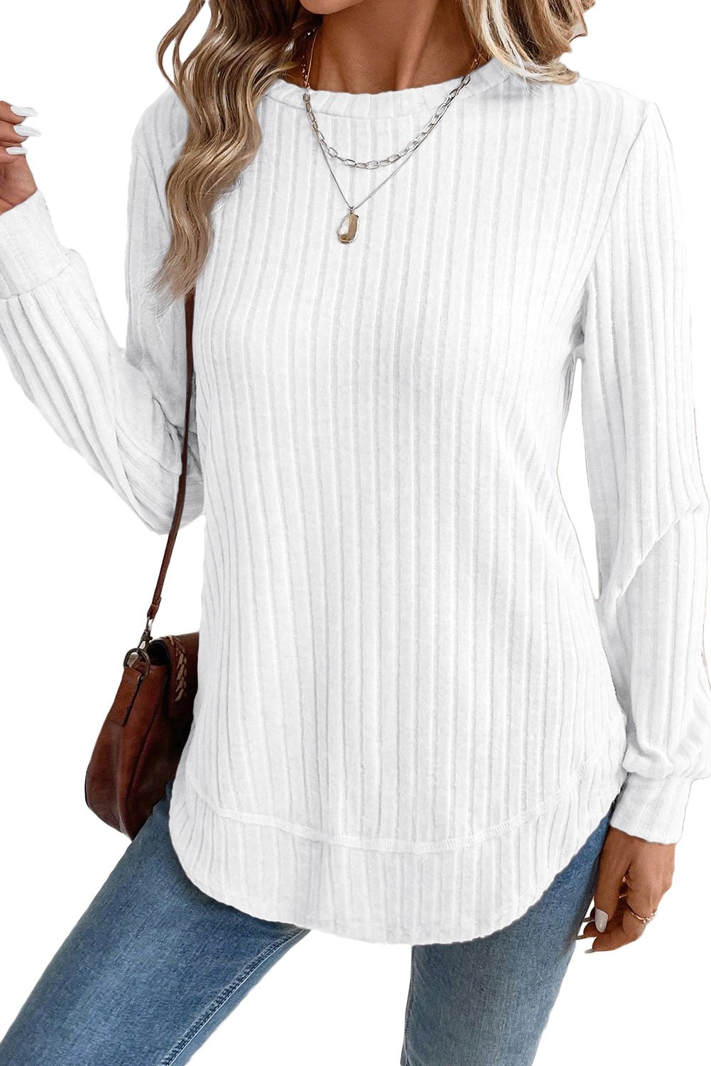 White Ribbed Texture Round Neck Long Sleeve Rounded Hem Top - MAD RUFFI