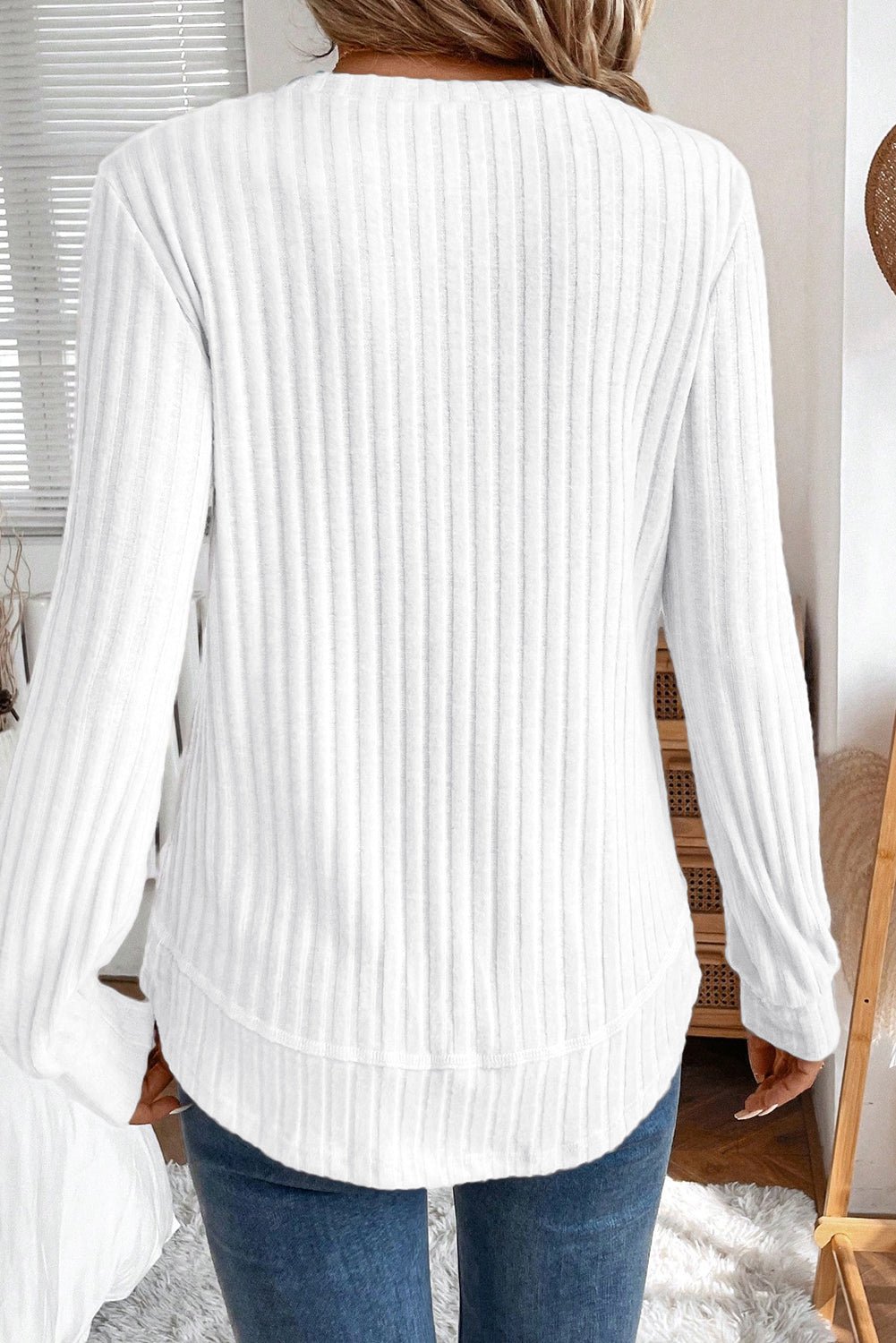 White Ribbed Texture Round Neck Long Sleeve Rounded Hem Top - MAD RUFFI