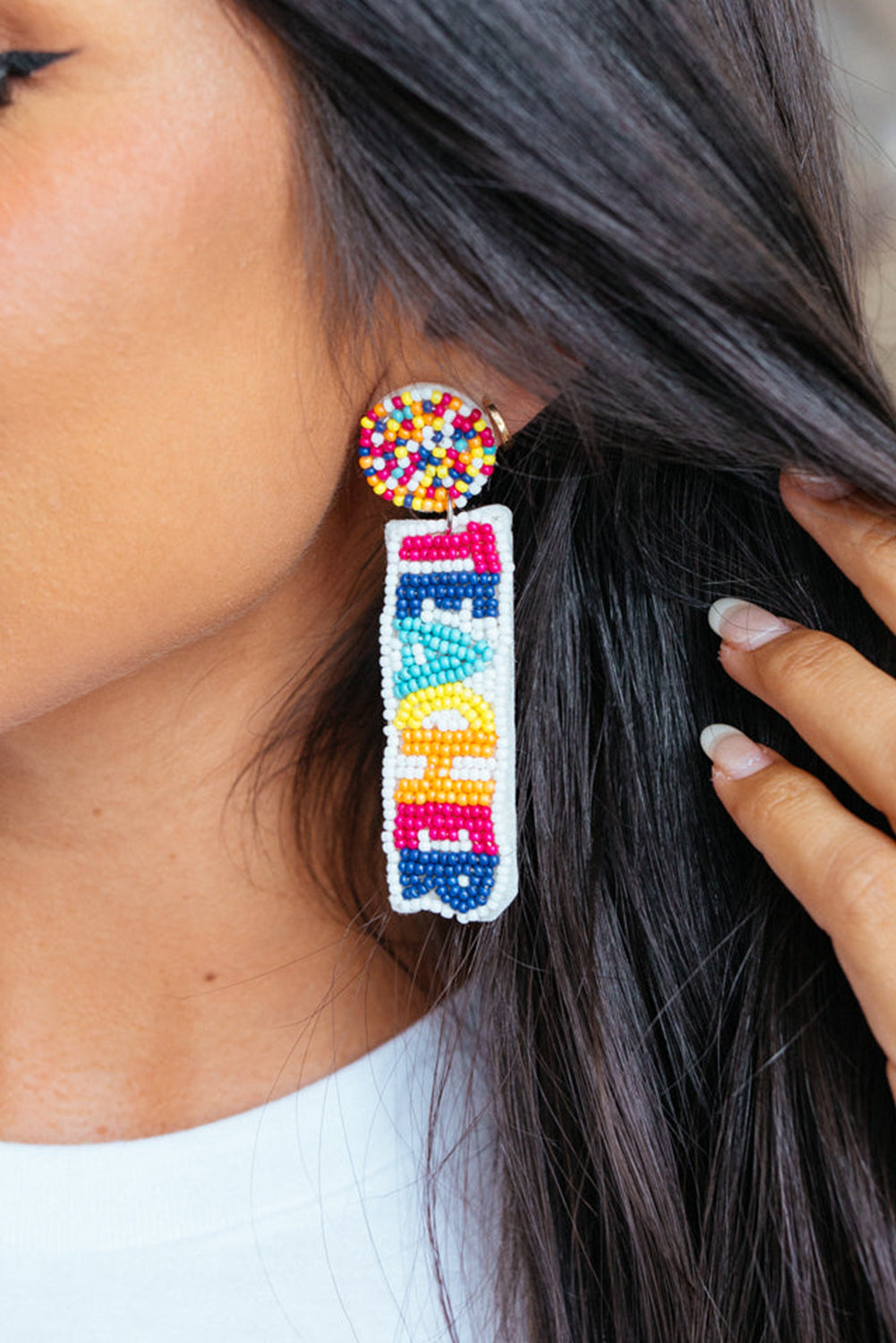 White Rice Bead TEACHER Pattern Dangle Earrings - MAD RUFFI