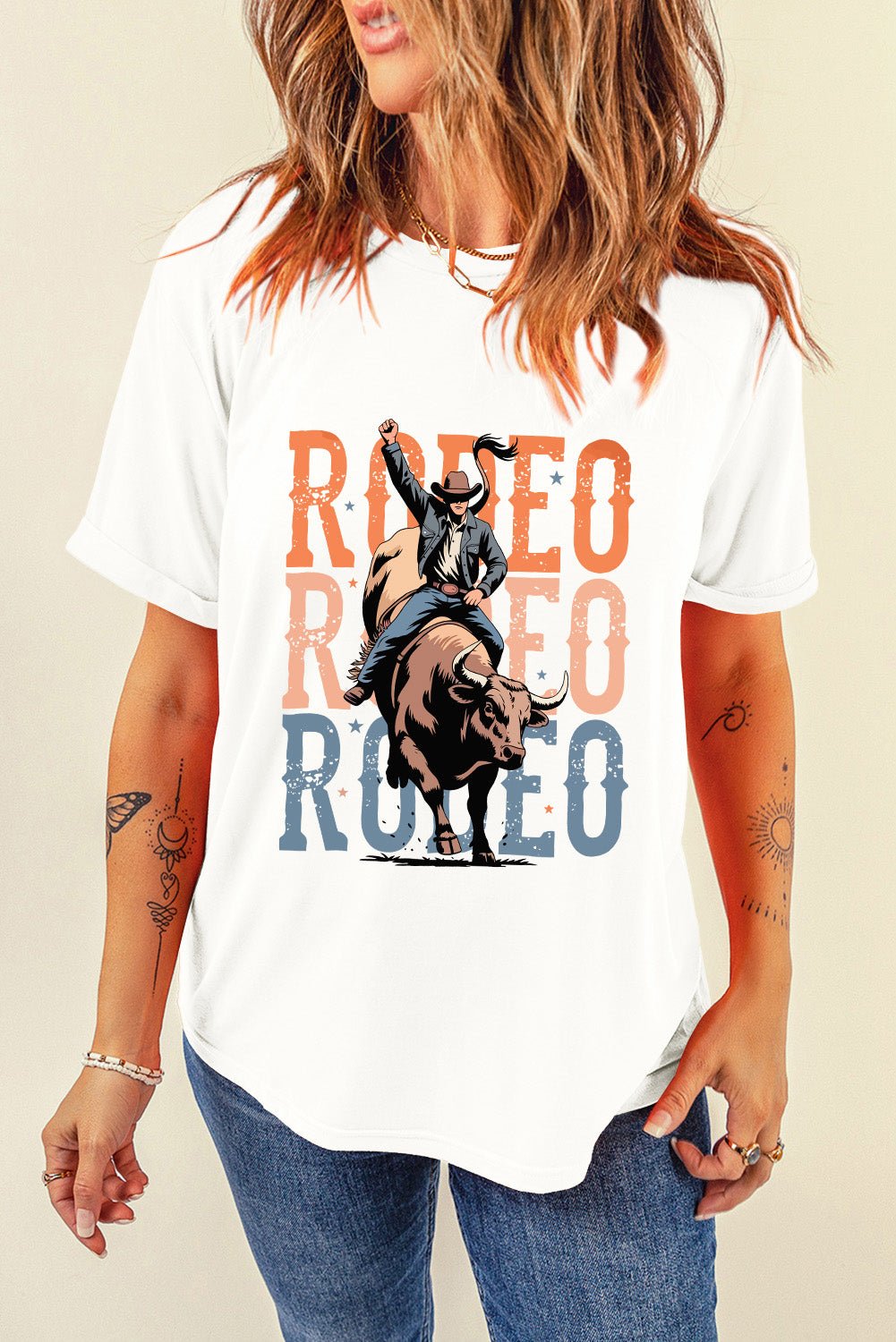 White RODEO Graphic Crewneck Fashion T Shirt - MAD RUFFI