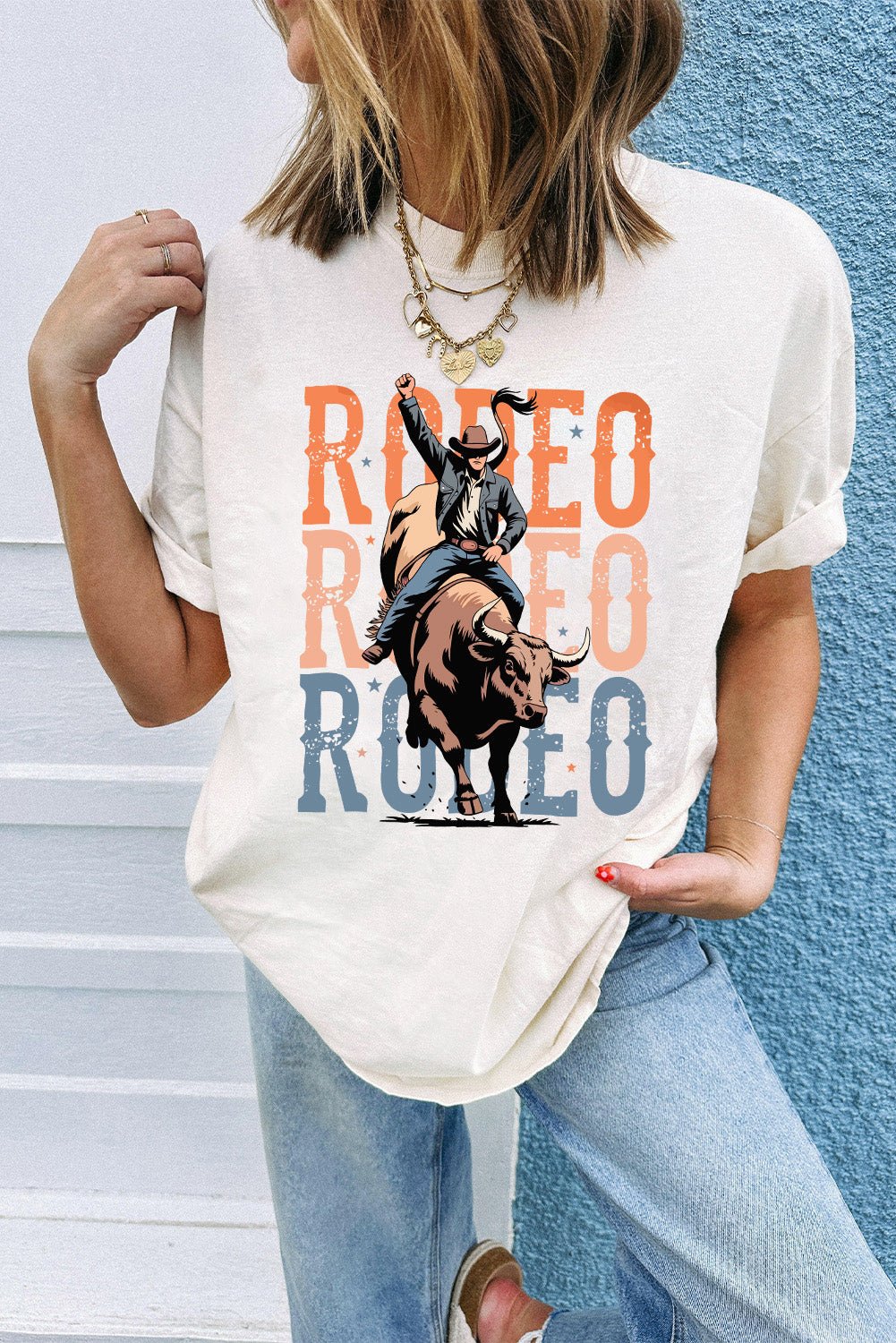 White RODEO Graphic Crewneck Fashion T Shirt - MAD RUFFI