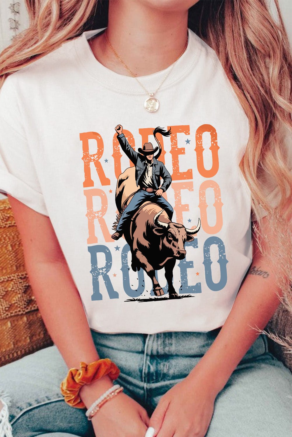 White RODEO Graphic Crewneck Fashion T Shirt - MAD RUFFI