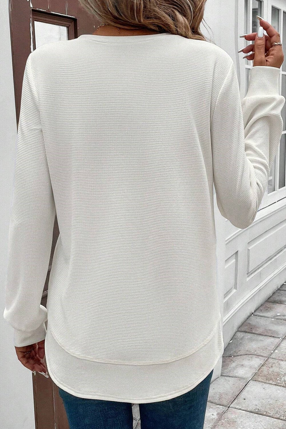 White Rounded Hem Waffle Plain Long Sleeve Top - MAD RUFFI