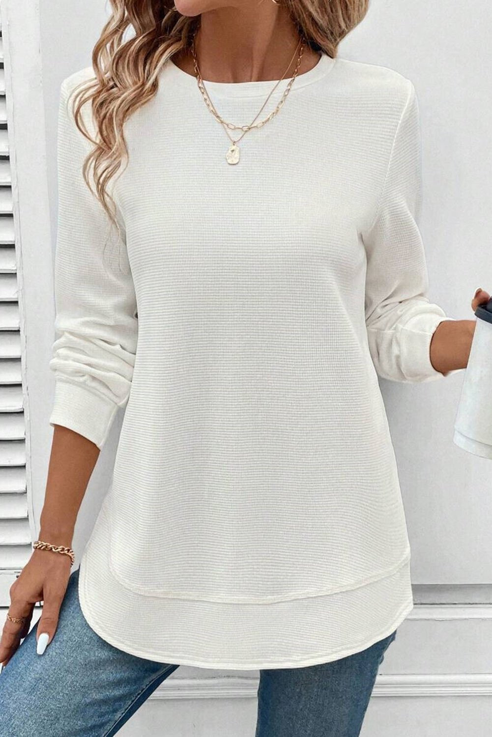 White Rounded Hem Waffle Plain Long Sleeve Top - MAD RUFFI