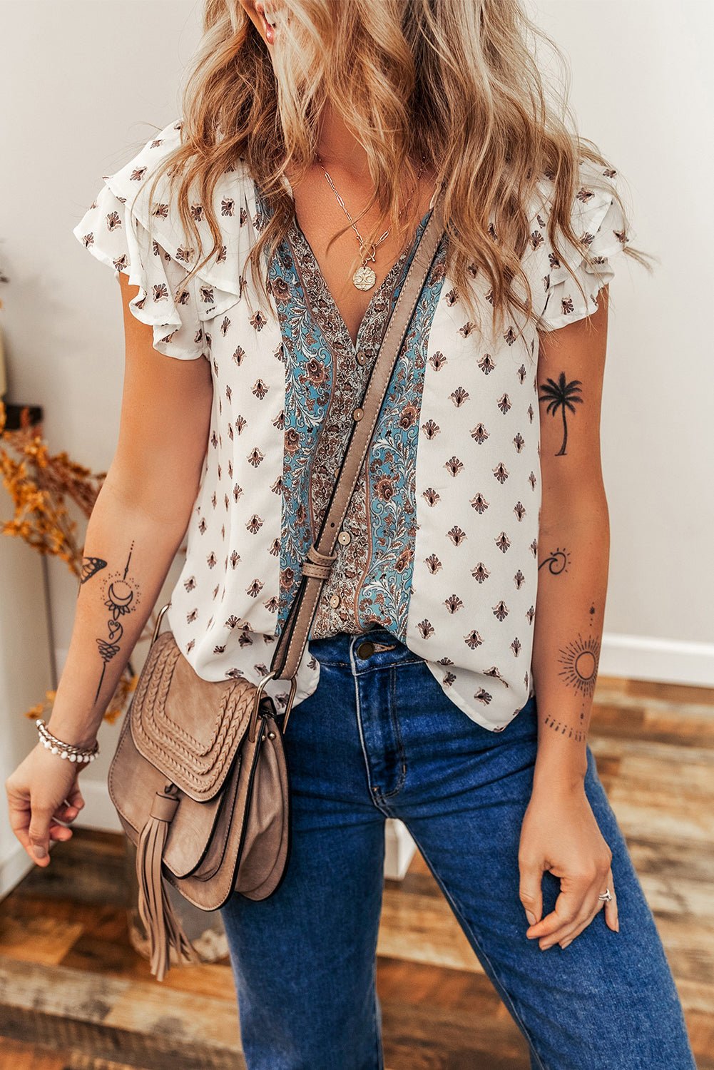 white ruffle sleeve buttoned v neck boho blouse - MAD RUFFI