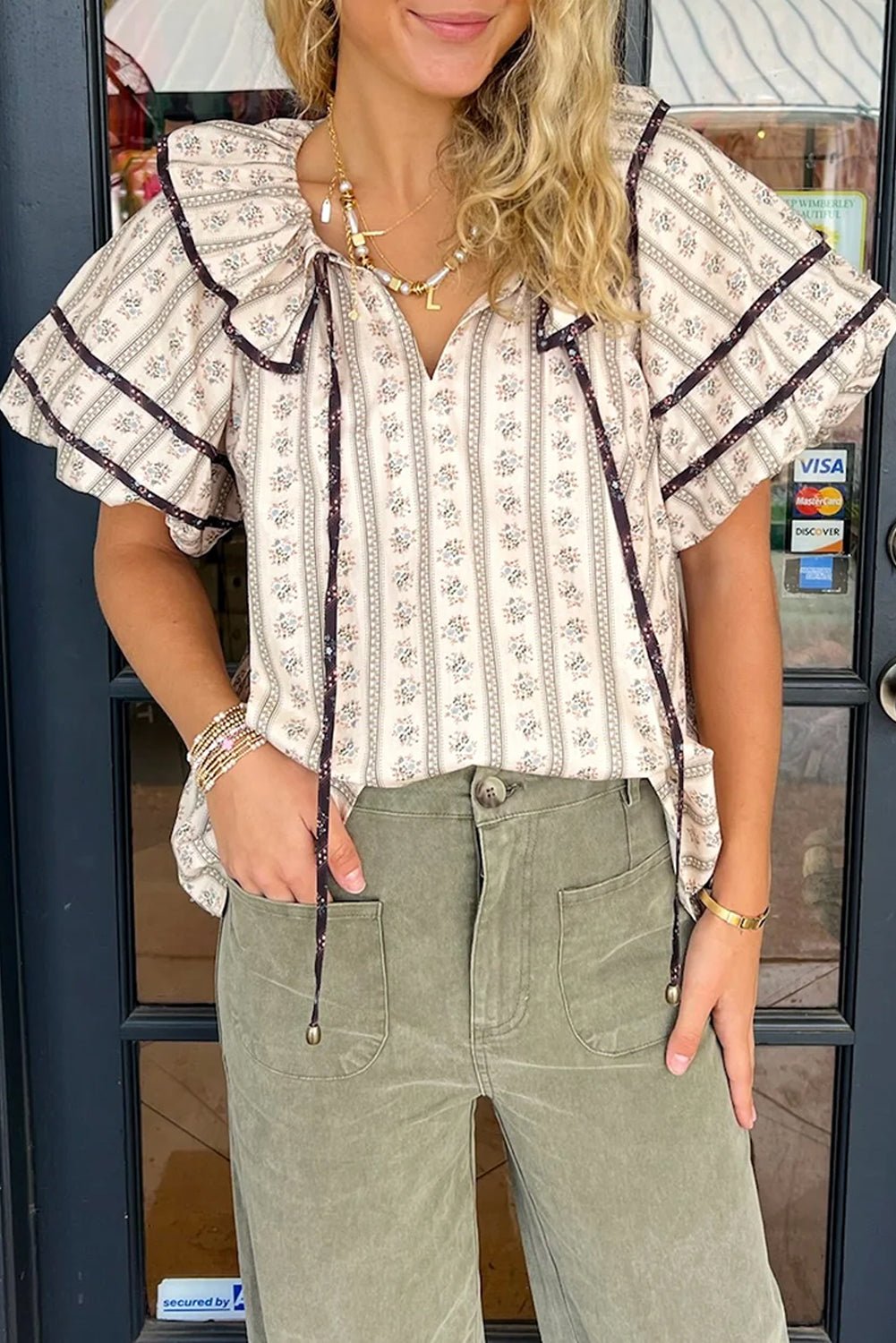 White Ruffle V - Neck Floral Print Short Sleeve Blouse - MAD RUFFI