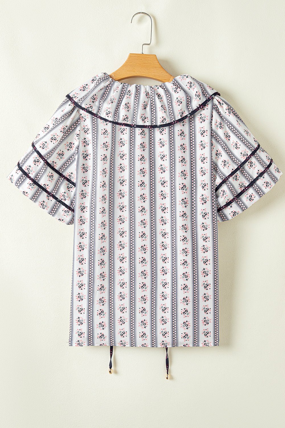 White Ruffle V - Neck Floral Print Short Sleeve Blouse - MAD RUFFI