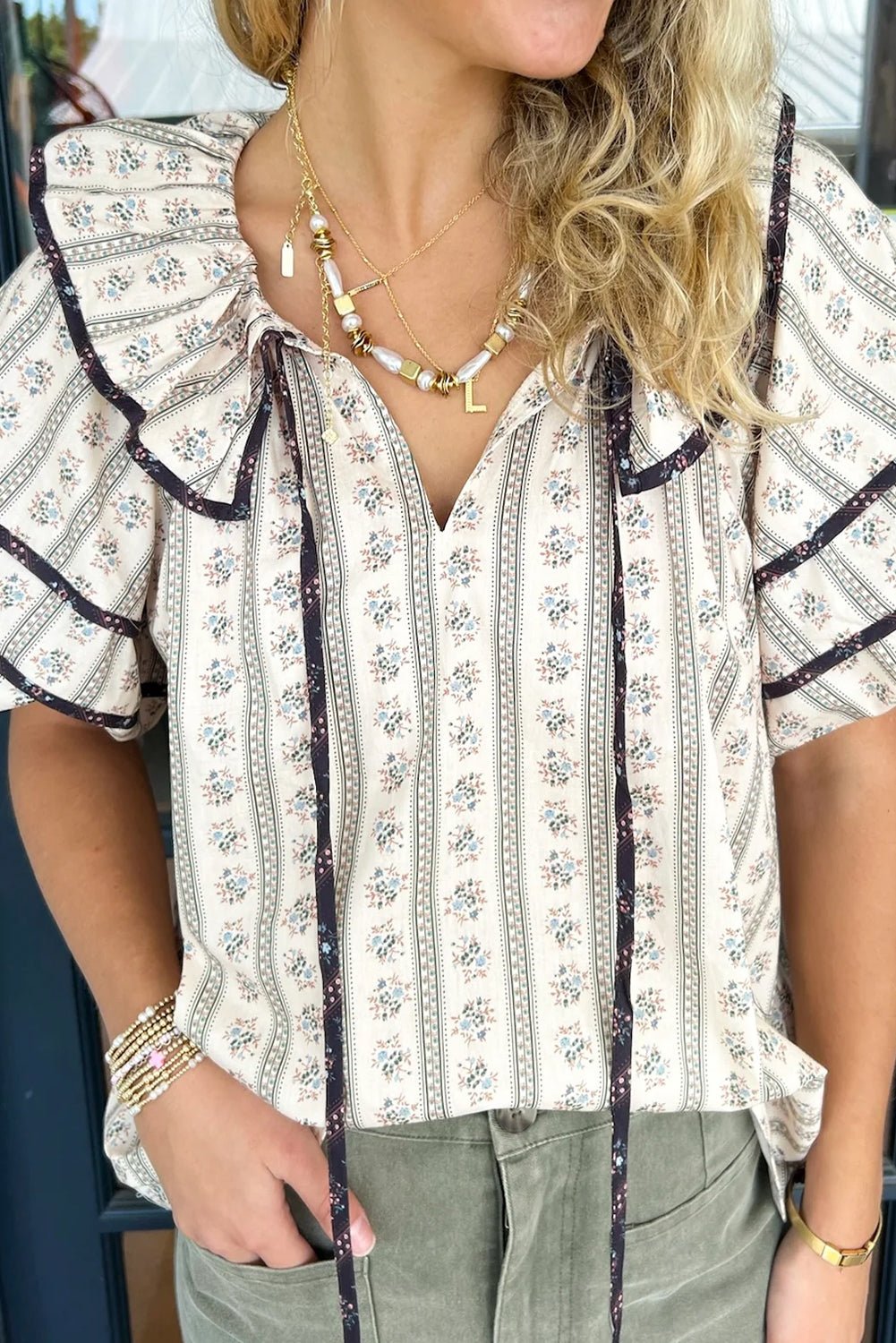 White Ruffle V - Neck Floral Print Short Sleeve Blouse - MAD RUFFI