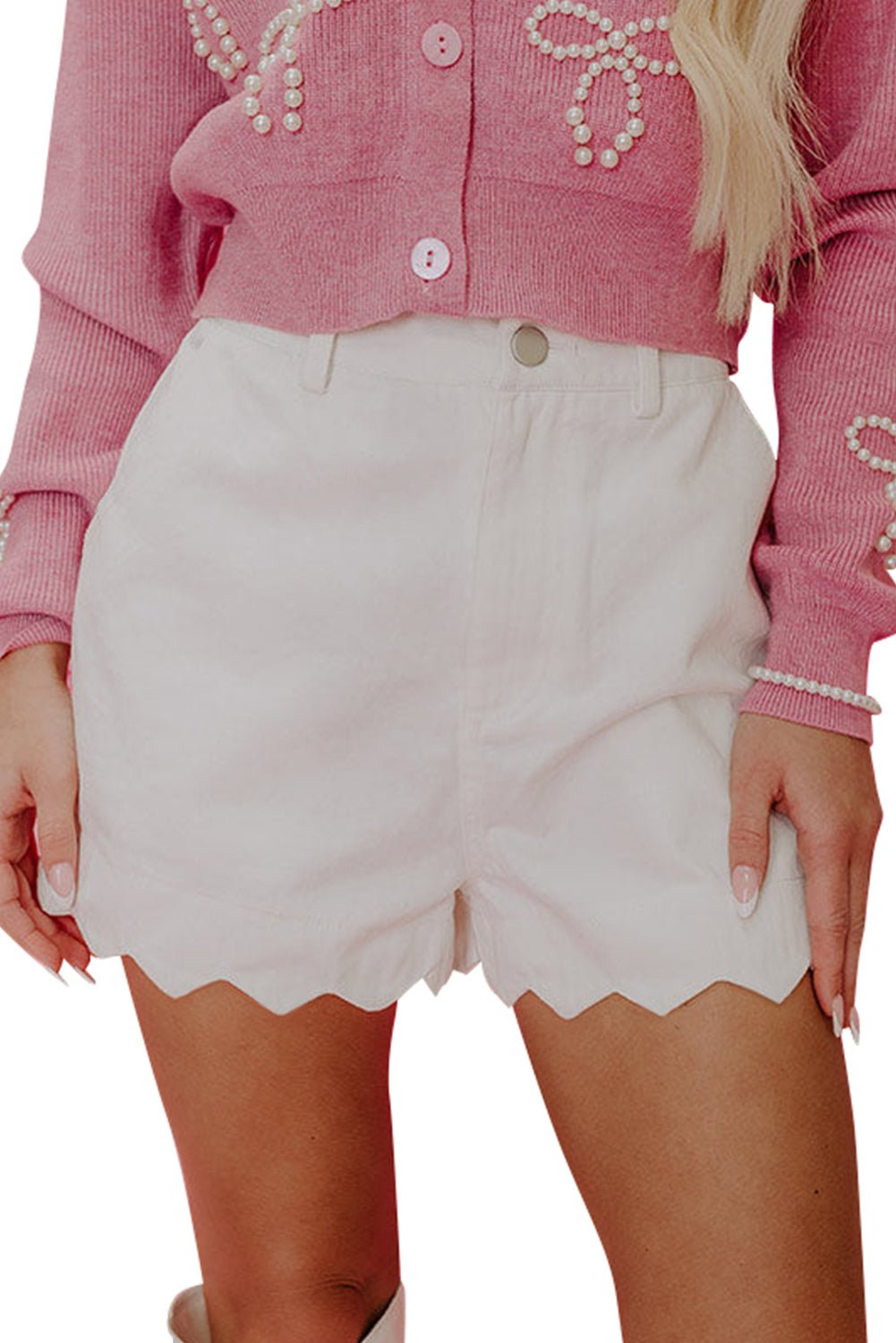 White Scalloped Hemline Light Wash Denim Shorts - MAD RUFFI