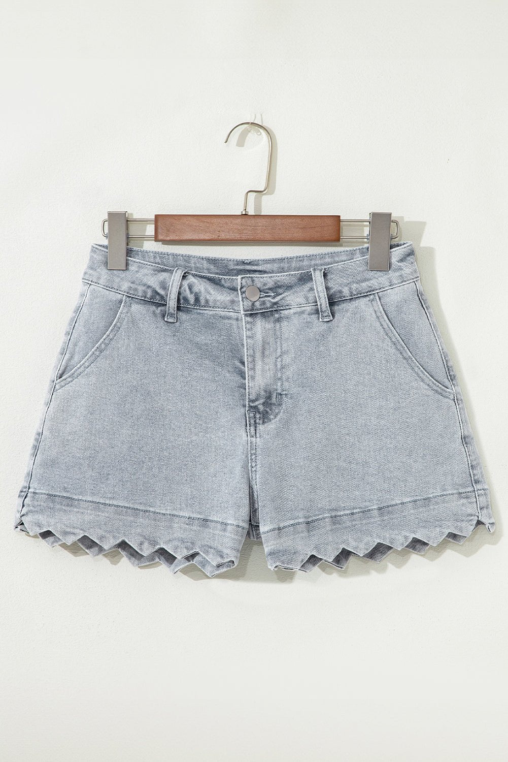 White Scalloped Hemline Light Wash Denim Shorts - MAD RUFFI