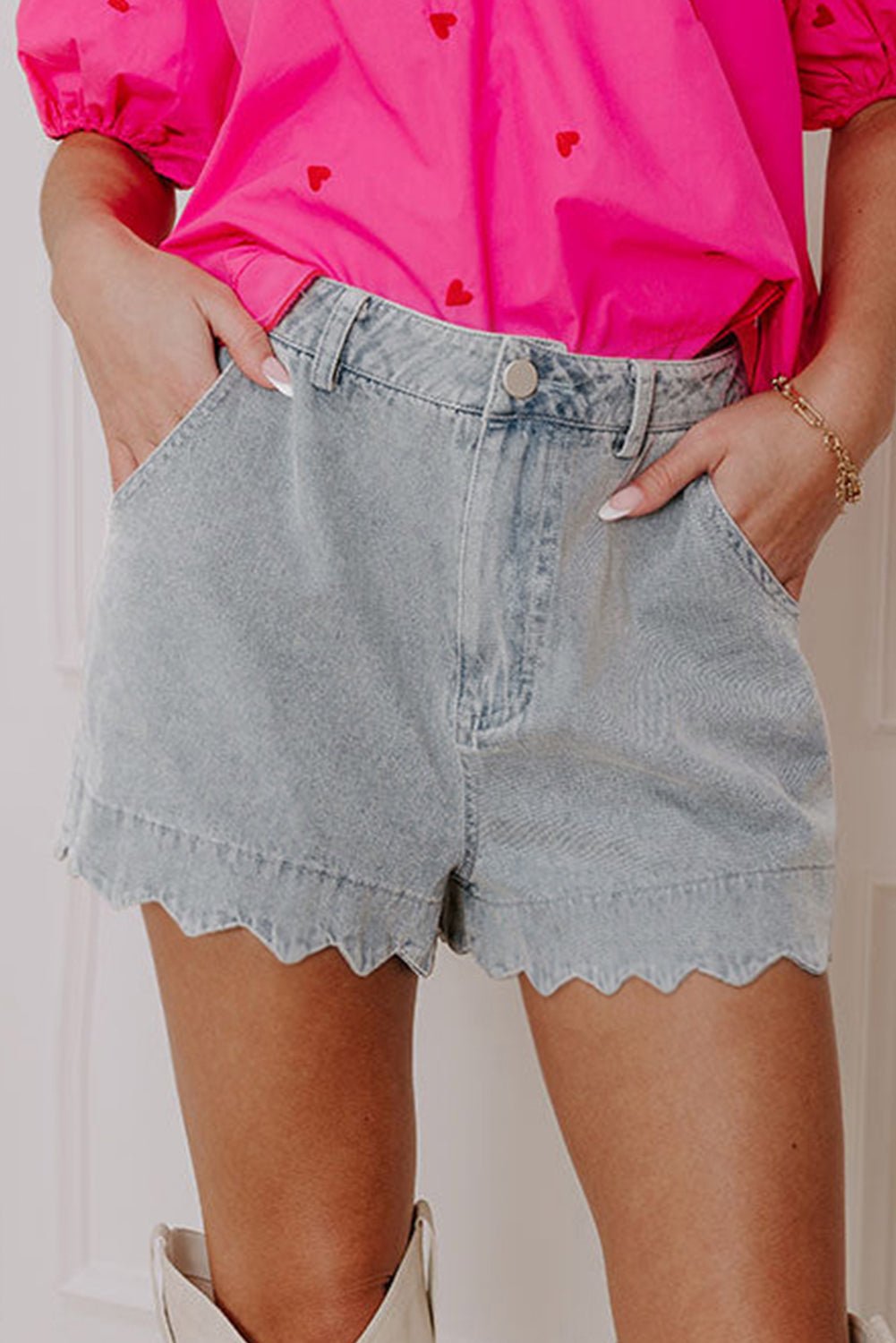 White Scalloped Hemline Light Wash Denim Shorts - MAD RUFFI